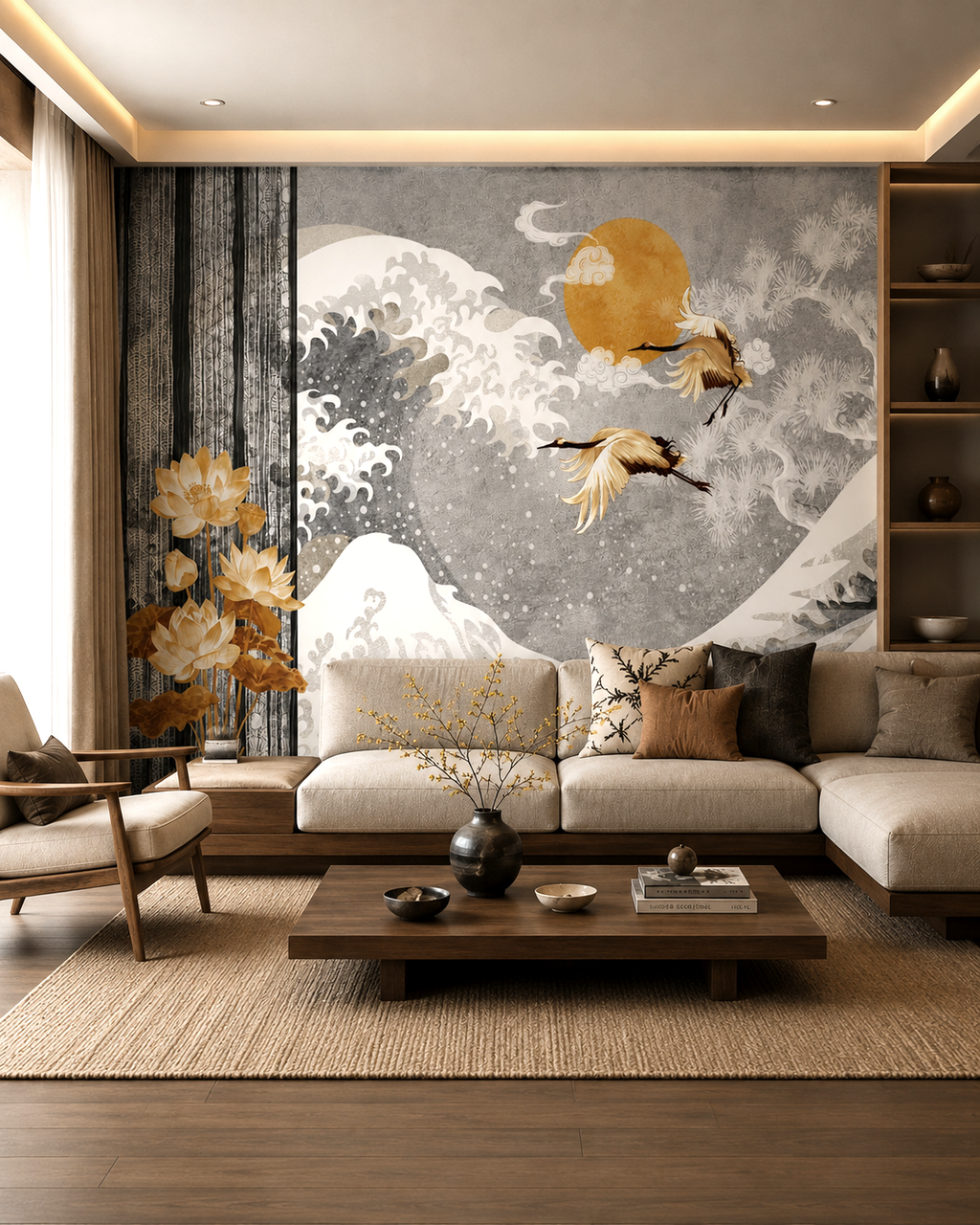 Moonlit Cranes Wall Mural