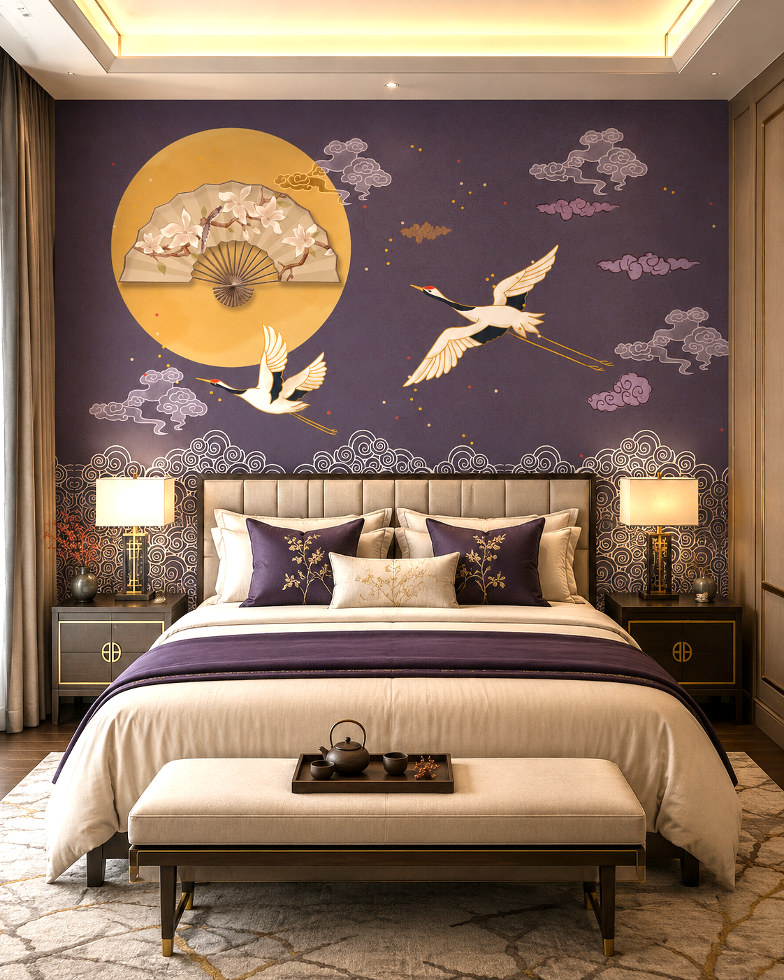 Moonlit Cranes Wall Mural