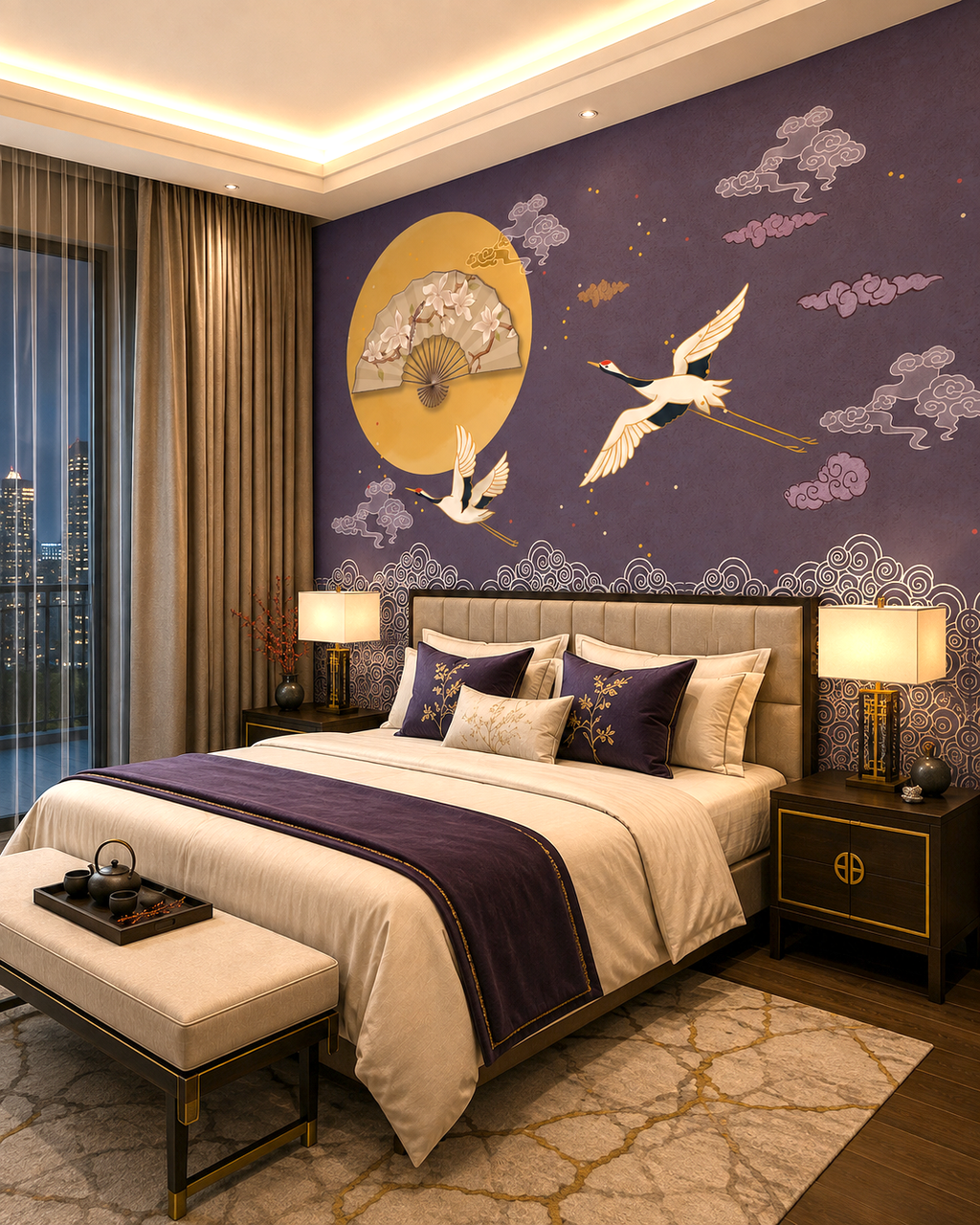 Moonlit Cranes Wall Mural