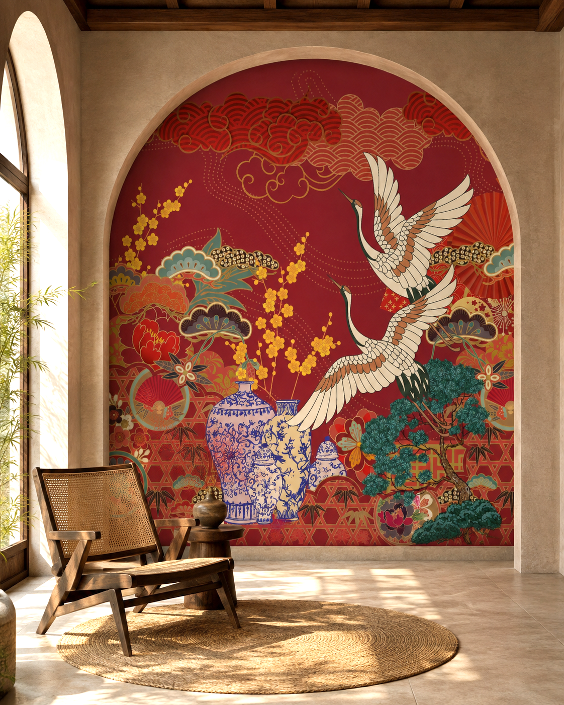Crimson Cranes Wall Mural